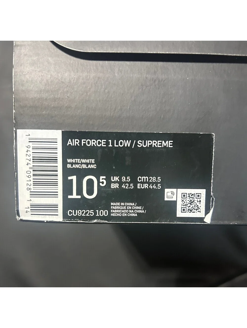 Nike Air Force 1 Low Supreme White Men's 10.5 With Box and Laces